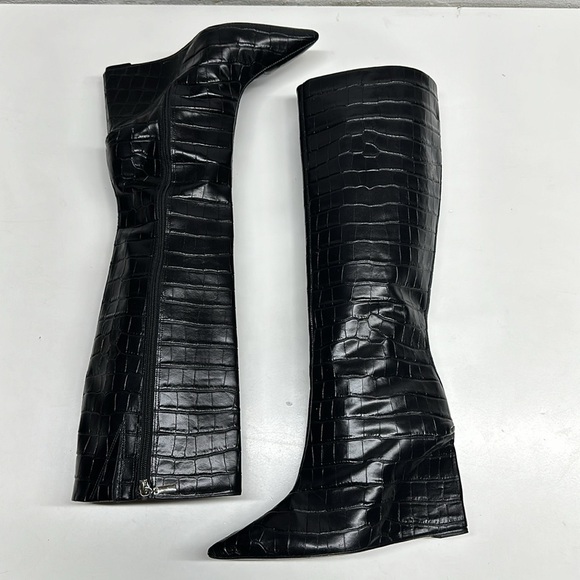 SCHUTZ  Asya Up Crocodile Embossed Leather Wedge High Heel Boot Boots Black 10 - Picture 2 of 10